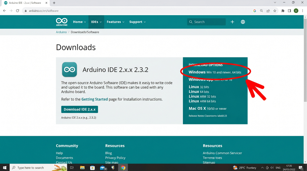 หน้าจอเว็บไซต์ของ Arduino